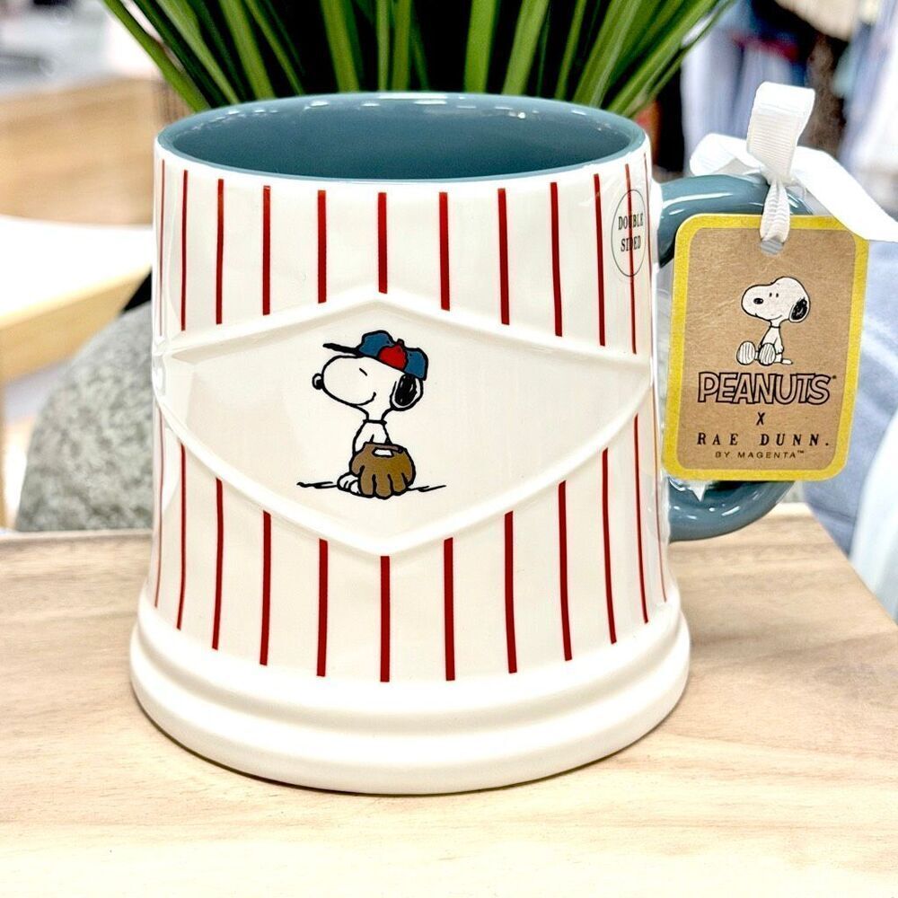 NWT Gorgeous Rae Dunn Peanuts Snoopy Play Ball Baseball Double Sided Big Mug - Picture 3 of 12